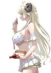  1girl ahoge animal_ears bangs bar bikini bikini_skirt blonde_hair blush braid breasts food frilled_bikini frills from_side hair_ornament hairclip highres holding holding_food hololive horns ice_cream ice_cream_cone large_breasts long_hair mitsuru_(pixiv_34028718) parted_lips purple_eyes sheep_ears sheep_girl sheep_horns sheep_tail sideways_glance simple_background solo swimsuit tail tsunomaki_watame very_long_hair virtual_youtuber white_background white_bikini 