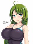  1girl ahoge black_one-piece_swimsuit blue_eyes blush braid breasts collarbone covered_navel dated green_hair hand_on_own_chest highres kantai_collection large_breasts long_hair looking_at_viewer mole mole_under_mouth montemasa open_mouth signature single_braid solo swimsuit twitter_username upper_body very_long_hair yuugumo_(kancolle) 