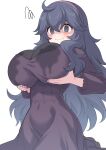  1girl @_@ alternate_breast_size black_dress breasts dress hairband hex_maniac_(pokemon) highres lactation lactation_through_clothes large_breasts long_dress messy_hair perapera pokemon pokemon_(game) pokemon_xy purple_hairband solo 