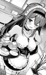  1girl alternate_costume apron blush breasts cleavage collarbone dress enmaided frilled_apron frills garter_straps greyscale hair_between_eyes hair_flaps hairband heart highres holding holding_tray kantai_collection large_breasts long_hair maid maid_apron maid_headdress monochrome one_eye_closed open_mouth shiratsuyu_(kancolle) shiratsuyu_kai_ni_(kancolle) solo suzuki_toto thighhighs tray 