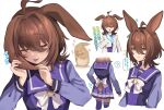  1girl ? agnes_tachyon_(umamusume) ahoge alternate_ears alternate_tail animal_ears beaker brown_hair chemical_structure earrings floppy_ears hair_between_eyes horseshoe_ornament jewelry kaho_(ramb) lab_coat looking_at_viewer medium_hair necktie rabbit rabbit_ears rabbit_girl rabbit_tail red_eyes ribbon school_uniform short_necktie single_earring solo speech_bubble spoken_question_mark sweatdrop tail tongue tongue_out tracen_school_uniform umamusume white_ribbon 