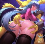  1girl achromaru alakazam ass ass_focus ass_grab aura bangs black_hair black_thighhighs blue_hair blunt_bangs blush breasts cameltoe closed_mouth colored_inner_hair covered_nipples from_behind from_below imminent_fingering large_breasts long_sleeves looking_at_viewer looking_back looking_down multicolored_hair official_art panties poke_ball poke_ball_(basic) pokemon pokemon_(creature) pokemon_(game) pokemon_frlg purple_shirt red_eyes sabrina_(pokemon) shirt skindentation solo standing sweat taut_clothes taut_shirt thighhighs two-tone_hair underwear v-shaped_eyebrows white_panties 