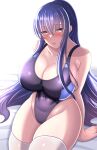  1girl absurdres akiyama_rinko arm_support bangs bed_sheet black_one-piece_swimsuit blue_hair blush breasts cleavage collarbone commentary_request competition_swimsuit covered_navel curvy groin hair_between_eyes highleg highres kanna_(minamozuki) large_breasts long_hair looking_at_viewer one-piece_swimsuit open_mouth purple_eyes simple_background sitting solo stomach swimsuit taimanin_(series) taimanin_asagi taimanin_rpgx taut_clothes taut_swimsuit thighhighs thighs white_background 