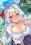  1girl animal_ears bangs blush braid breasts cleavage collarbone day eyelashes forest frilled_shirt frilled_sleeves frills hand_on_own_chest horse_ears horse_girl large_breasts leaning_forward lisette_asriel long_hair looking_at_viewer mejiro_ardan_(umamusume) nature outdoors parted_lips purple_eyes ribbon shirt sky steam sweat tree umamusume upper_body white_hair 