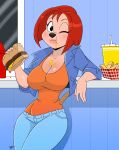  absurd_res aeolus06 anthro beverage bottomwear burger canid canine clothed clothing condiment_container debbie_dune denim denim_clothing disney eating female food fries goof_troop hi_res jacket jeans looking_at_viewer mammal one_eye_closed open_clothing open_jacket open_topwear pants shirt solo topwear wink 
