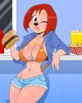  absurd_res aeolus06 anthro beverage bikini bikini_top bottomwear burger canid canine clothed clothing condiment_container cutoffs daisy_dukes debbie_dune denim denim_clothing disney eating female food fries goof_troop hi_res hotpants jacket looking_at_viewer mammal one_eye_closed open_clothing open_jacket open_topwear shorts solo swimwear topwear wink 