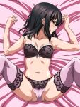 1girl bare_arms bed_sheet black_hair blush bra brown_eyes cameltoe closed_mouth frilled_bra frills from_above grey_bra highres himeragi_yukina kororofu lingerie long_hair looking_at_viewer lying navel on_back panties pink_panties pink_thighhighs profile shiny shiny_hair shiny_skin solo spread_legs straight_hair strapless strapless_bra strike_the_blood thighhighs underwear underwear_only 