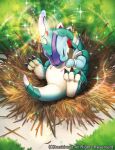  baby_animal cardfight!!_vanguard claws closed_eyes closed_mouth commentary_request copyright_notice cub dinosaur glowing_horns grass horns kemonomichi_(blue_black) nest official_art outdoors single_horn solo sparkle white_light_dragon_parasolace 