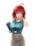  1girl :d ahoge bare_arms blue_eyes blue_shirt breasts collarbone glasses go-toubun_no_hanayome grey_skirt hair_intakes hair_ornament hand_in_own_hair highres holding large_breasts long_hair looking_at_viewer looking_over_eyewear nakano_itsuki open_mouth pencil_skirt rectangular_eyewear red-framed_eyewear red_hair shiny shiny_hair shirt simple_background skirt sleeveless sleeveless_shirt smile solo standing star_(symbol) star_hair_ornament white_background zasshu 