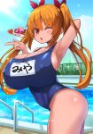  1girl armpits blue_one-piece_swimsuit breasts chiroshiron highres huge_breasts name_tag one-piece_swimsuit one_eye_closed open_mouth orange_hair original pool red_eyes school_swimsuit solo swimsuit twintails 