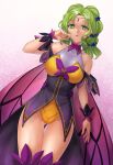  1girl absurdres ass_visible_through_thighs breasts circlet collar collarbone collared_leotard commission expressionless fire_emblem fire_emblem:_the_sacred_stones fire_emblem_heroes flower gradient gradient_background green_eyes green_hair groin hair_flower hair_ornament hand_on_own_cheek hand_on_own_face hazuki_(nyorosuke) highleg highleg_leotard highres l&#039;arachel_(fire_emblem) large_breasts leotard long_hair looking_at_viewer official_alternate_costume purple_thighhighs showgirl_skirt simple_background skeb_commission sleeveless_turtleneck_leotard solo thighhighs 