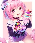  1girl bangs between_breasts blue_hair blue_nails breasts cake cake_slice candy cherry chocolate collarbone commentary cupcake eating english_commentary fang flame_print food food_on_face foreshortening frills from_above fruit hair_intakes hands_up hat heart heart-shaped_chocolate holding holding_food idolmaster idolmaster_cinderella_girls idolmaster_cinderella_girls_starlight_stage komaki_yuzu long_sleeves looking_at_viewer multicolored_hair multicolored_nails nail_polish no_shoes o-ring official_alternate_costume pink_background pink_eyes pink_hair purple_nails raised_eyebrows red_nails sitting socks solo strawberry tearing_up thighs two-tone_hair wariza yellow_nails yumemi_riamu 