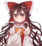  1girl alternate_neckwear bow bowtie breasts brown_eyes brown_hair closed_mouth collared_shirt detached_sleeves frilled_bow frilled_shirt_collar frilled_sleeves frills hai_0909 hair_between_eyes hair_bow hakurei_reimu highres long_hair looking_at_viewer petals red_bow red_ribbon red_shirt ribbon shirt sleeve_ribbon sleeveless sleeveless_shirt small_breasts smile solo touhou upper_body yellow_bow yellow_bowtie 