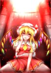  1girl akatsuki_no_usagi blonde_hair breasts collared_shirt cowboy_shot embodiment_of_scarlet_devil fangs flandre_scarlet frilled_shirt_collar frilled_skirt frilled_sleeves frills hand_on_own_cheek hand_on_own_face hat head_tilt highres long_hair medium_breasts miniskirt mob_cap multicolored_wings neckerchief puffy_short_sleeves puffy_sleeves red_background red_eyes red_skirt red_vest shiny shiny_hair shirt short_sleeves skirt solo touhou vest white_headwear white_shirt wings yellow_neckerchief 