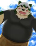  2022 anthro belly big_belly black_nose blush bottomwear canid canine canis clothing cloud domestic_dog green_body hi_res jinastray kemono lifewonders live-a-hero male mammal mokdai outside overweight overweight_male pants shirt solo topwear video_games 