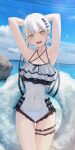  1girl :d absurdres armpits arms_behind_head arms_up black_bow blue_sky bow casual_one-piece_swimsuit collarbone covered_navel cowboy_shot day grey_one-piece_swimsuit hair_bun highres inaka_44 innertube layered_swimsuit looking_at_viewer ocean one-piece_swimsuit open_mouth original outdoors polka_dot short_hair single_hair_bun sky smile solo swimsuit thigh_gap thigh_strap water white_hair yellow_eyes 