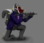  animated anthro diaper female gun hi_res infantilism infatilism machine mammal mephitid protogen ranged_weapon shooting skunk solo submachine_gun theslimedragon uzi visor weapon 