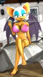  anthro bed big_breasts bikini breasts chaos_emerald chiropteran clothing crossed_legs daveman1000 dialogue english_text female furniture hi_res holding_object looking_at_viewer mammal rouge_the_bat sega sitting solo sonic_the_hedgehog_(series) swimwear talking_to_viewer text wings 