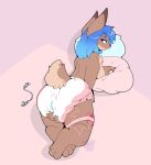  2022 3_toes 4_fingers anthro blue_eyes blue_hair brown_body brown_fur crossed_legs diaper diaper_only digital_drawing_(artwork) digital_media_(artwork) egg_vibrator english_text feet female fingers flat_colors fur furgonomics hair half-closed_eyes hi_res holding_crotch lagomorph leporid looking_at_viewer looking_back looking_back_at_viewer lying mammal masturbation maynara narrowed_eyes on_front pillow rabbit sex_toy simple_background solo sound_effects text toes vibrator watermark white_diaper 