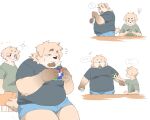  2022 anthro belly big_belly bottomwear brown_body canid canine canis clothing dialogue domestic_dog duo eyes_closed hi_res humanoid_hands inunoshippo japanese_text kemono male mammal overweight overweight_male rubik&#039;s_cube shirt shorts sitting text topwear 