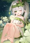  1girl absurdres bangs bare_arms bare_shoulders barefoot blush bow colored_tips congqian_you_ke_xing cross-shaped_pupils dress feet floating floating_object flower full_body genshin_impact gradient_hair grass green_bow green_eyes green_hair hair_bow hair_ornament highres knees_up leaf_hair_ornament looking_at_viewer multicolored_hair nahida_(genshin_impact) one_eye_closed open_mouth pointy_ears ponytail short_dress side_ponytail sidelocks soles solo strapless strapless_dress toes white_dress white_hair 