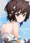  1girl ao_oni_(onioni-aoi) arknights bangs bare_shoulders blue_background braid brown_eyes brown_hair character_name highres off_shoulder official_alternate_costume roberta_(arknights) roberta_(summer_flowers)_(arknights) short_hair solo upper_body 