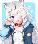  1girl ;d animal_ears blue_hoodie breasts chemise claw_pose collar dog_ears dog_girl hasuki_aoi highres hood hood_down hoodie indie_virtual_youtuber juuroku_anna long_hair long_sleeves looking_at_viewer one_eye_closed open_clothes open_hoodie small_breasts smile virtual_youtuber white_chemise white_hair 