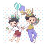  2boys akitaru_oubi animal_ears aqua_necktie balloon barefoot basket black_hair blue_pants blush brown_eyes chibi chibi_only egg en'en_no_shouboutai full_body hat heart_balloon holding holding_basket holding_hands male_focus multiple_boys mzkenen necktie open_mouth pants polka_dot polka_dot_background rabbit_boy rabbit_ears rabbit_tail red_eyes red_shorts sharp_teeth shinra_kusakabe shirt shoes short_hair shorts smile suspenders tail teeth undercut vest white_background white_footwear white_shirt yaoi yellow_hat yellow_vest 