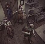  1boy 3girls abella_(fear_&amp;_hunger) absurdres black_hair black_ribbon black_shirt blonde_hair blue_dress bomber_jacket box brown_dress brown_jacket camera character_doll commentary crib doll dress fear_&amp;_hunger_(series) fear_&amp;_hunger_2:_termina full_body green_jumpsuit gun highres holding holding_camera holding_gun holding_weapon jacket jewelry jumpsuit karin_(fear_&amp;_hunger) levi_(fear_&amp;_hunger) long_hair long_skirt marina_(fear_&amp;_hunger) multiple_girls opening_door overalls pants pink_skirt pipe_wrench ponytail red_hair ribbon shirt short_hair skirt stuffed_toy toy weapon wenny02 white_shirt wooden_door wrench yellow_overalls 