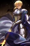  1girl armor armored_dress artoria_pendragon_(fate) bangs banned_artist blonde_hair blue_dress braid braided_bun dress excalibur_(fate/stay_night) fate/stay_night fate_(series) faulds floating_hair gauntlets green_eyes hair_between_eyes hair_bun head_tilt holding holding_sword holding_weapon looking_at_viewer saber shiny shiny_hair short_hair signature solo standing sword watermark weapon zumi_(zumidraws) 