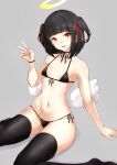  1girl :d asya bangs bikini black_bikini black_thighhighs blunt_bangs breasts halo highres looking_at_viewer medium_hair navel open_mouth original red_eyes sitting small_breasts smile solo swimsuit teeth thighhighs two_side_up v wariza wings 