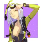  1girl absurdres bodysuit border breasts cleavage collarbone green_eyes grey_hair highres joker.z long_hair looking_at_viewer medium_breasts open_mouth original purple_background solo upper_body wetsuit white_border 