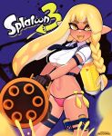  1girl ass_visible_through_thighs bikini black_background blonde_hair blue_background blush breasts colored_tongue condom condom_belt crop_top fangs gloves heavy_splatling_(splatoon) highres holding holding_weapon ink_tank_(splatoon) inkling inkling_girl large_breasts long_hair looking_at_viewer mole mole_under_eye navel necktie open_mouth panties pink_panties pointy_ears pubic_tattoo rezodwel shirt smile solo splatoon_(series) standing striped striped_panties sweat sweatdrop swimsuit tattoo tentacle_hair thigh_strap thong thong_bikini underboob underwear used_condom weapon white_shirt yellow_eyes yellow_tongue 