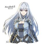  1girl armor blue_eyes bodysuit breasts chest_tattoo cleavage closed_mouth commentary_request cropped_torso dated ethel_(xenoblade) grey_bodysuit grey_hair large_breasts light_smile long_hair looking_at_viewer official_art saitou_masatsugu shiny shiny_hair shoulder_armor simple_background solo tattoo white_background xenoblade_chronicles_(series) xenoblade_chronicles_3 
