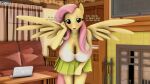  anthro big_breasts blush bottomwear breasts cleavage clothed clothing daveman1000 dialogue english_text equid equine female fluttershy_(mlp) friendship_is_magic hi_res huge_breasts leaning leaning_forward looking_at_viewer mammal my_little_pony pegasus skirt solo talking_to_viewer text wings 