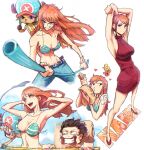  1girl 2boys absurdres bikini bikini_top_only breasts commentary dress english_commentary grin hat highres long_hair medium_breasts monkey_d._luffy multiple_boys nami_(one_piece) one_piece orange_hair pants polearm red_dress smile stephengiannart swimsuit tony_tony_chopper weapon wind wind_lift 