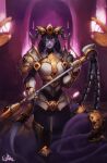  1girl armor avatar_(wow) ball_and_chain_(weapon) breastplate closed_mouth colored_skin distr draenei flail gauntlets highres holding holding_weapon horn_ornament horns looking_at_viewer paladin_(warcraft) pauldrons pointy_ears purple_skin shoulder_armor solo spiked_ball_and_chain standing warcraft weapon white_eyes world_of_warcraft 