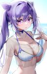 1girl absurdres bikini blush breasts cleavage double_bun genshin_impact hair_bun highres keqing_(genshin_impact) looking_at_viewer medium_breasts nanashinayuzu_mochi open_mouth purple_eyes purple_hair simple_background solo swimsuit twintails upper_body white_background 