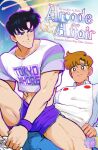  2boys artist_name bara bishoujo_senshi_sailor_moon black_eyes black_hair blonde_hair buttons chiba_mamoru closed_mouth cover cover_page crop_top doujin_cover english_text furuhata_motoki hand_on_another&#039;s_hip highres idoraad light_blush looking_at_another male_focus multicolored_shirt multiple_boys muscular muscular_male navel outline purple_outline purple_shorts shirt shoes short_hair short_sleeves shorts smile tying_footwear white_footwear yaoi 