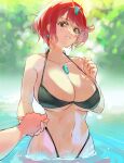  1girl bikini black_bikini blush breasts brown_eyes chest_jewel collarbone earrings gem headpiece highres holding_hands jewelry large_breasts looking_at_viewer navel negresco partially_submerged pov pyra_(xenoblade) red_eyes red_hair short_hair smile solo_focus swimsuit wading water xenoblade_chronicles_(series) xenoblade_chronicles_2 