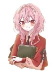  1girl black_necktie blush book braid dot_nose flower_wreath hair_between_eyes head_wreath holding holding_book looking_at_viewer low_twin_braids necktie nijisanji nijisanji_en pink_hair red_eyes rosemi_lovelock simple_background smile solo twin_braids virtual_youtuber yurrrara00 