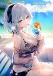  1girl absurdres bangs bare_shoulders beach beach_chair bikini blue_eyes blurry blurry_background breasts cleavage collarbone cup day detached_sleeves drinking_straw fingernails flower food fruit hair_ornament hairband hibiscus highres holding large_breasts lips looking_at_viewer ocean orange_(fruit) orange_slice original outdoors parted_lips riichu scan see-through shiny shiny_hair short_hair simple_background sitting solo swimsuit thighs tropical_drink water white_hair 