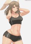 1girl absurdres arms_up asymmetrical_bangs bangs black_shorts black_sports_bra blue_eyes breasts brown_hair cleavage collarbone eunie_(xenoblade) feathered_wings grey_background gym_shorts head_wings highres large_breasts long_hair looking_at_viewer navel parted_lips patreon_username short_shorts shorts solo sports_bra white_wings wings xenoblade_chronicles_(series) xenoblade_chronicles_3 zelc-face 