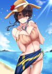  1girl beach bikini blue_eyes blue_hair blue_sky breasts brown_bikini cleavage cloud commentary_request cowboy_shot day flag_print gotland_(kancolle) hair_bun hat highres horizon kantai_collection kuurunaitsu large_breasts long_hair mole mole_under_eye ocean outdoors sarong sidelocks single_hair_bun sky solo straw_hat sun_hat swedish_flag swimsuit 