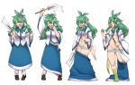  2022 barefoot blue_clothing blue_dress blush breasts clothing dragon dress feet female footwear green_body green_eyes green_hair growth hair hi_res holding_object horn horn_growth human human_to_anthro kochiya_sanae looking_at_viewer mammal on_one_leg open_mouth pattern_clothing pattern_underwear shoes simple_background smile solo species_transformation standing striped_clothing striped_underwear stripes syo_you9 tail_growth touhou transformation underwear video_games white_background 