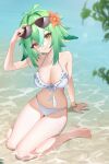  absurdres animal_ears beach breasts cleavage eyewear_on_head genshin_impact green_hair highres large_breasts looking_at_viewer roysix smile sucrose_(genshin_impact) sunglasses whie_bikini 