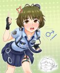  ! 1boy 1girl akizuki_ritsuko akizuki_ryo anger_vein antenna_hair black_gloves blood blue_shirt blue_skirt blush brown_eyes brown_hair collarbone cuffs fingerless_gloves gloves green_background handcuffs hat highres idolmaster idolmaster_(classic) idolmaster_dearly_stars leaning_forward looking_at_viewer male_focus mars_symbol necktie nii_niip nosebleed open_mouth otoko_no_ko pleated_skirt pointing pointing_up police police_hat police_uniform shirt short_hair short_sleeves skirt solo_focus tears teeth upper_teeth_only 