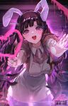  1girl absurdres animal_ears apron artist_name bandaged_arm bandages black_hair blood blood_on_face blush breasts commentary_request danganronpa_(series) danganronpa_2:_goodbye_despair dress dress_shirt fake_animal_ears heart highres large_breasts long_hair looking_at_viewer mole mole_under_eye open_mouth pink_blood pink_dress pink_eyes puffy_short_sleeves puffy_sleeves rabbit_ears reaching_out shirt short_sleeves smile solo straight_hair teeth tsumiki_mikan upper_teeth very_long_hair white_apron wisp_(illothewisp) yandere_trance 