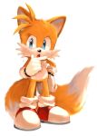  1boy animal_ears animal_nose antenna_hair blue_eyes child commentary_request cub fox_boy fox_ears fox_tail full_body furry furry_male gloves highres looking_to_the_side male_child male_focus misuta710 multiple_tails open_mouth orange_fur red_footwear shoes simple_background solo sonic_(series) tail tails_(sonic) two_tails white_gloves 