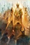  armor beard breastplate brother_and_sister commentary covered_eyes crown dark_souls_(series) dark_souls_i dark_sun_gwyndolin english_commentary facial_hair father_and_daughter father_and_son full_armor fur_trim gold_crown gwyn_lord_of_sunlight highres holding holding_crown holding_polearm holding_weapon hood hood_up kneeling knight long_beard long_hair pauldrons polearm queen_of_sunlight_gwynevere royal_robe shoulder_armor siblings snake spear warhuan weapon white_hair 
